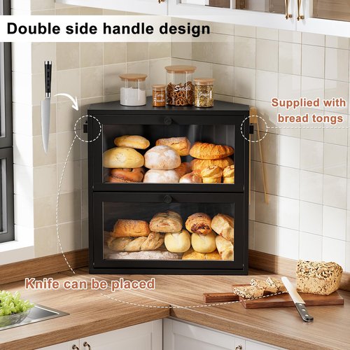 WOWLIVE Corner Bread Box for Kitchen Countertop, Large Double Layer Bread Storage Container for Homemade Bread, Black Bread Holder for Kitchen Counter, Under Cabinet Organizer (Black, Extra Large)