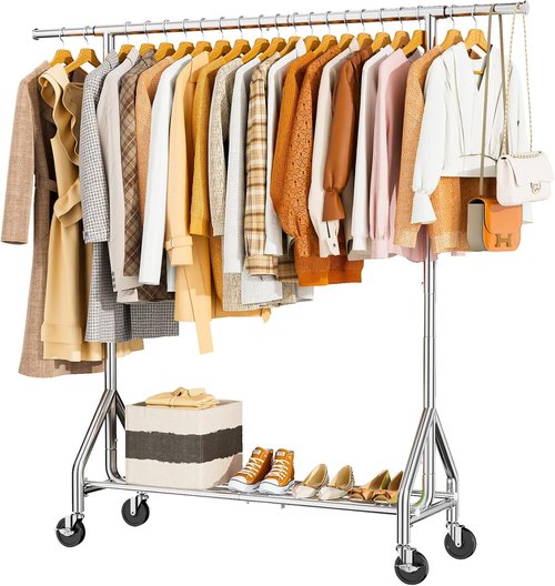 HYSEYY Heavy Duty Clothes Rack - 450 LBS Capacity Metal Garment Rack with Wheels & Shelves | Silver