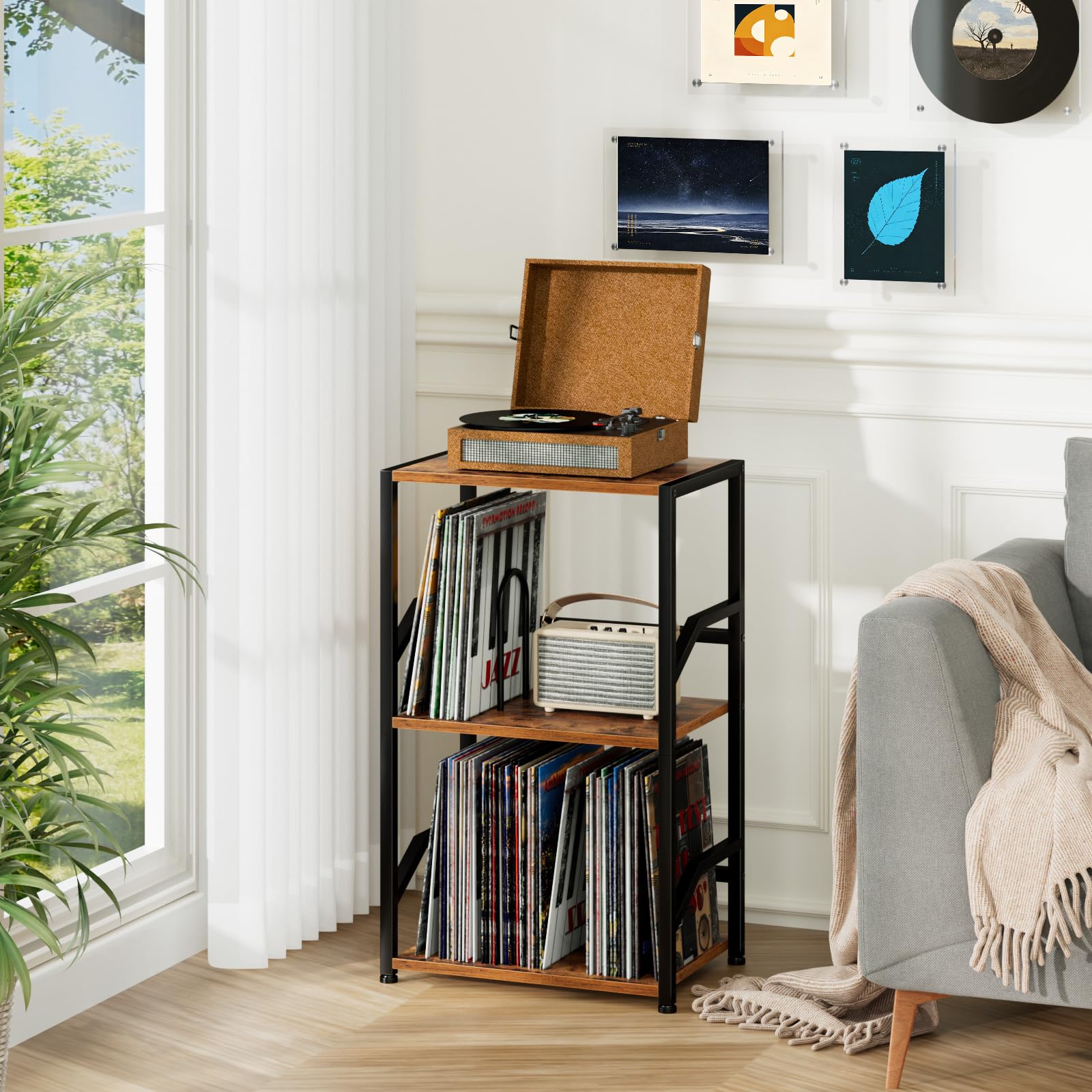 LOAKEKEL Record Player Stand, Vinyl Record Storage Up to 200 Albums, 3 Tier End Table with Removable Dividers, Tall Side Table for Living Room, Bedroom, Rustic Brown, HETCD010BR-1