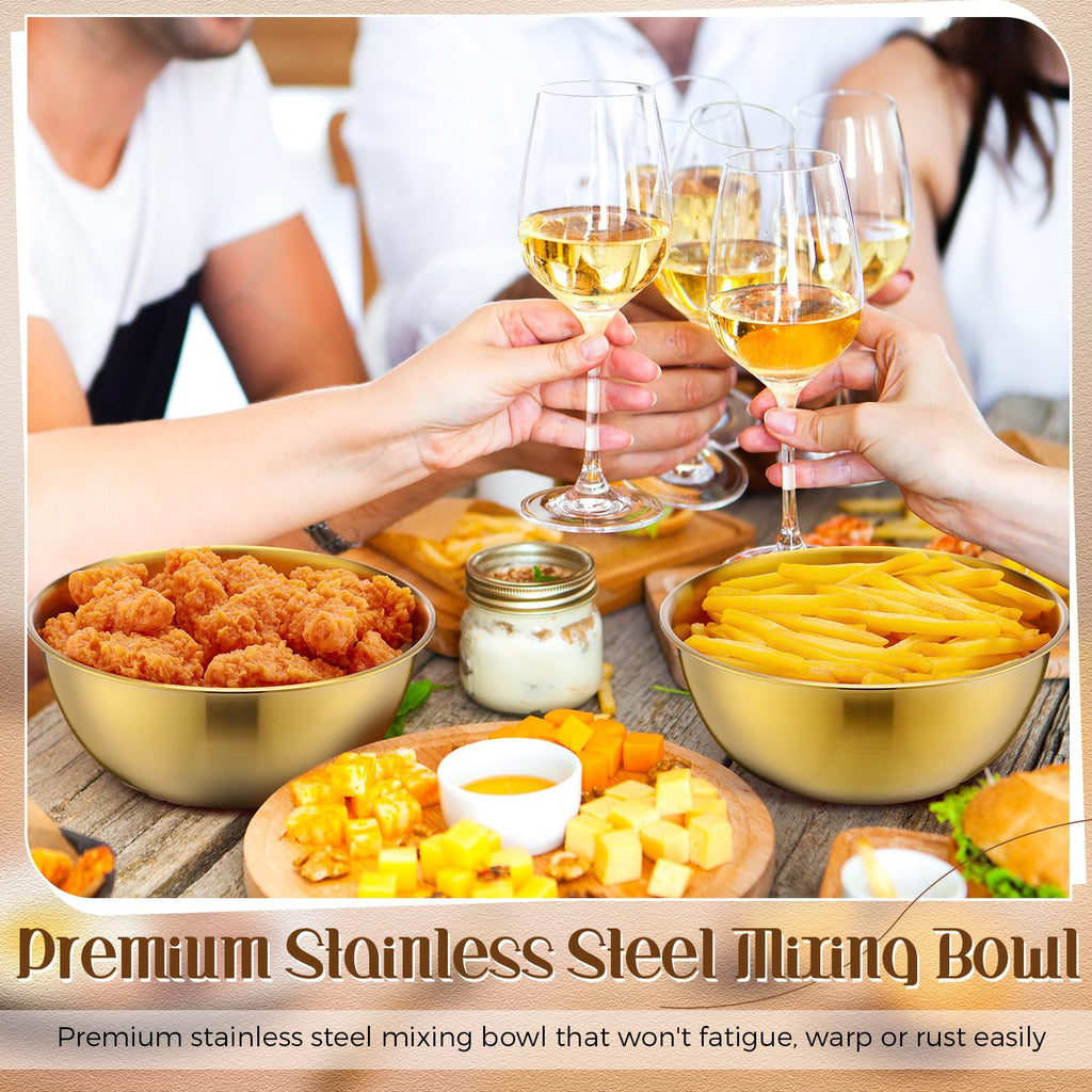 Nuogo 12 Pack 8.27 Inches Gold Stainless Steel Mixing Bowls with Airtight Lids Stackable Metal Serving Esthetician Facial Bowls for Salad, Fruit, Soup & Kitchen Prep