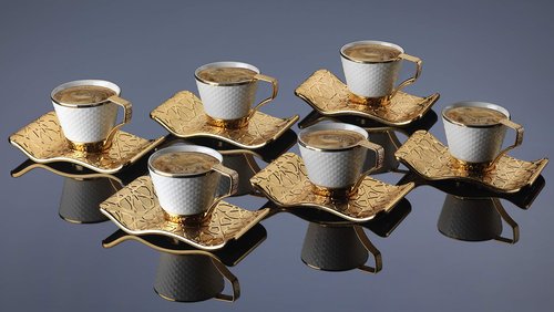 DEMMEX Turkish Greek Arabic Bosnian Coffee & Espresso Cup Set for 6 – 18 Pcs, Porcelain Demitasse Cups (2.6 Oz/80ml) with Gold Metal Holders & Saucers – Ottoman Chic Elegance, White & Gold