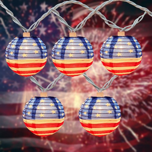 Romasaty 4th of July Decorations Lights, 8.5Ft American Flag Lantern String Lights with 10 Lantern Lights, Plug in Patriotic Light for Indoor Independence Day Party Memorial Day