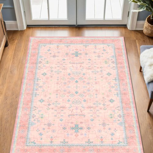 Hazo Haus Nursery Area Rug - Charming Boho Vintage Design, Washable & Non-Slip | 4x6 Pink Rug for Girls' Bedroom