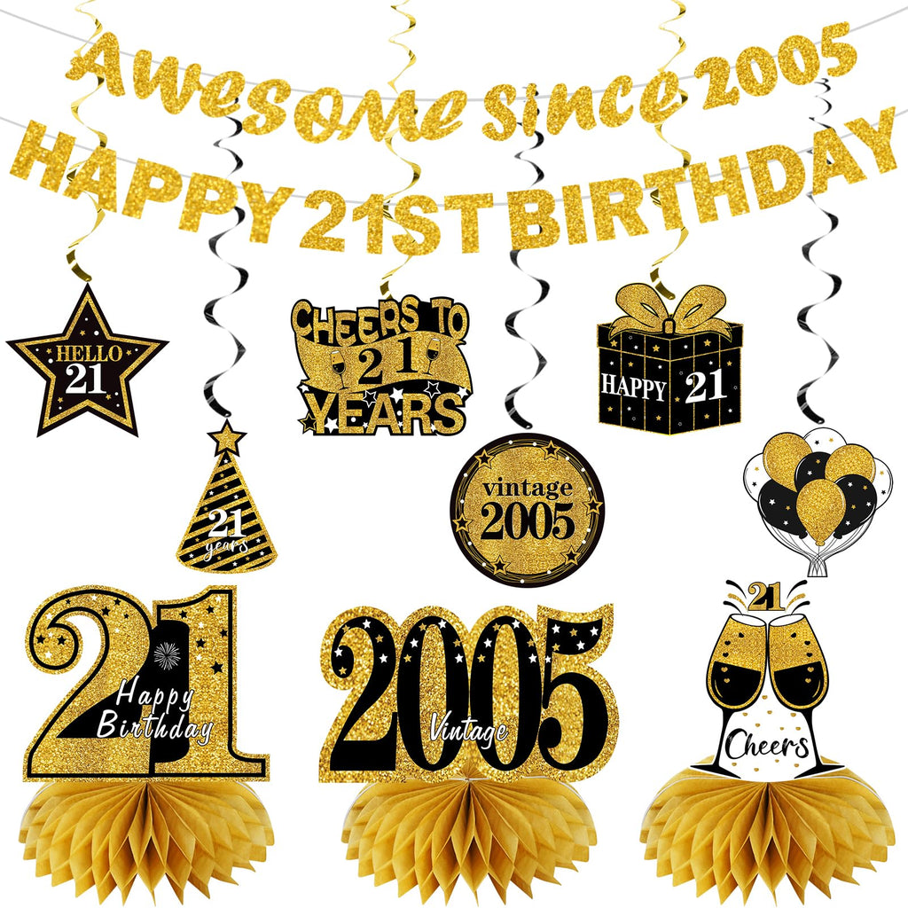 Kuxriox 11Pcs 21st Birthday Decorations Kit for Men Women, Black Gold Happy 21st Birthday Banner, Awesome Since 2005 Centerpieces Swirls Party Supplies, 21 Bday Banner Ceiling Table Topper Sign