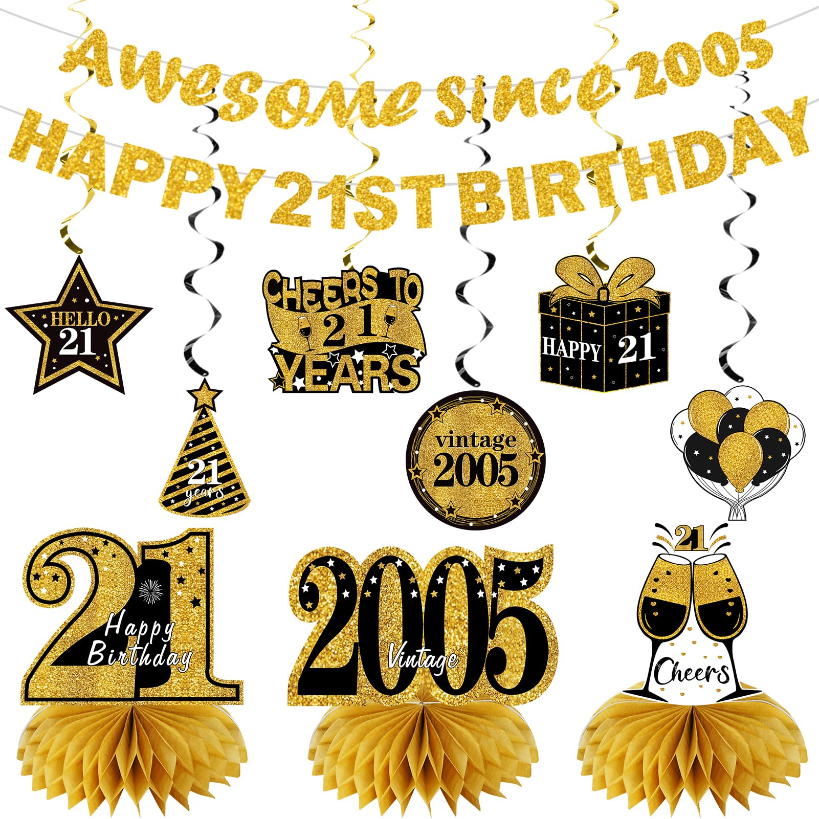 Kuxriox 11Pcs 21st Birthday Decorations Kit for Men Women, Black Gold Happy 21st Birthday Banner, Awesome Since 2005 Centerpieces Swirls Party Supplies, 21 Bday Banner Ceiling Table Topper Sign
