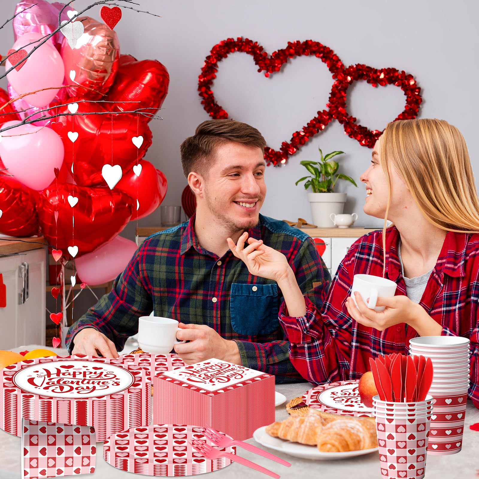 144Pcs Valentine's Day Party Plates and Napkins,Valentines Day Party Supplies Red Pink Love Heart Valentines Day Theme Tableware Set for Valentine Birthday Wedding Serve 24
