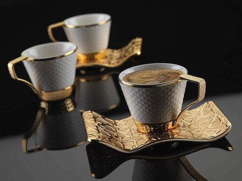 DEMMEX Turkish Greek Arabic Bosnian Coffee & Espresso Cup Set for 6 – 18 Pcs, Porcelain Demitasse Cups (2.6 Oz/80ml) with Gold Metal Holders & Saucers – Ottoman Chic Elegance, White & Gold