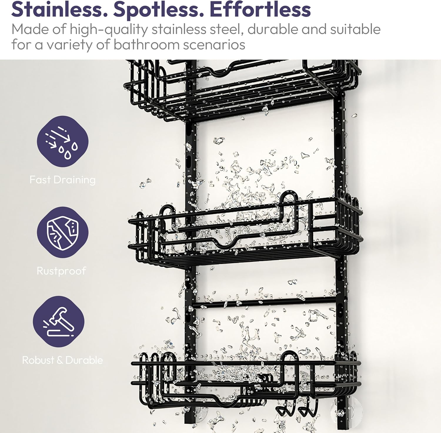 SWTYMIKI Shower Caddy - 3-Tier Rustproof Organizer with Adjustable Baskets & Hooks | No Drill, Black