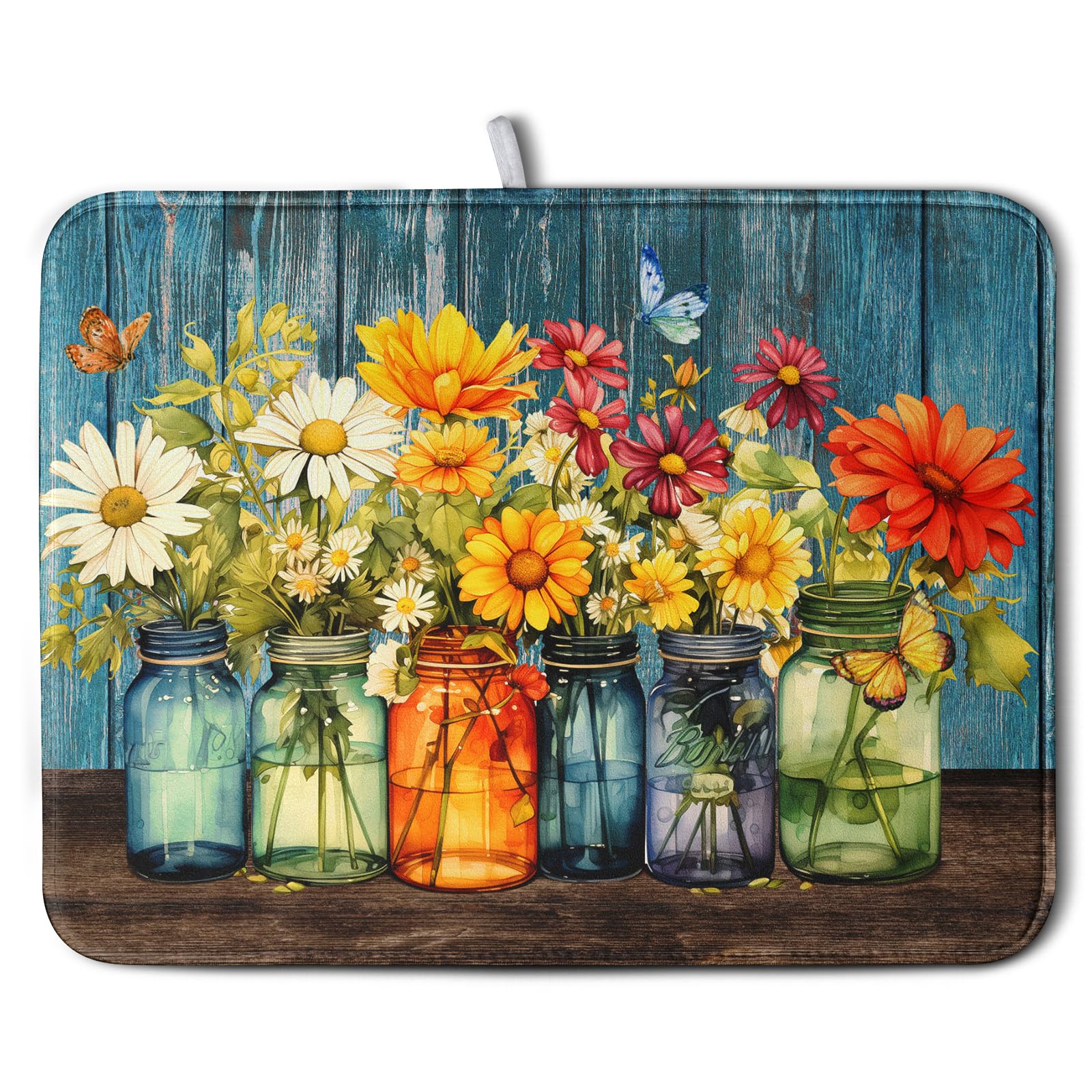 Daisy Dish Drying Mat for Kitchen Counter 18x24 Inch Rustic Vintage Flower Vases Drying Mats Microfiber Absorbent Dishes Drainer Mats Farmhouse Floral Wooden Board Dish Rack Pad