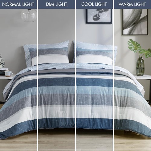 Madison Park Essentials Jaxon Bed in a Bag Comforter Set with Sheet, Printed Stripe Design, Modern All Season Bedding and Matching Sham, Queen Blue/Grey 7 Piece