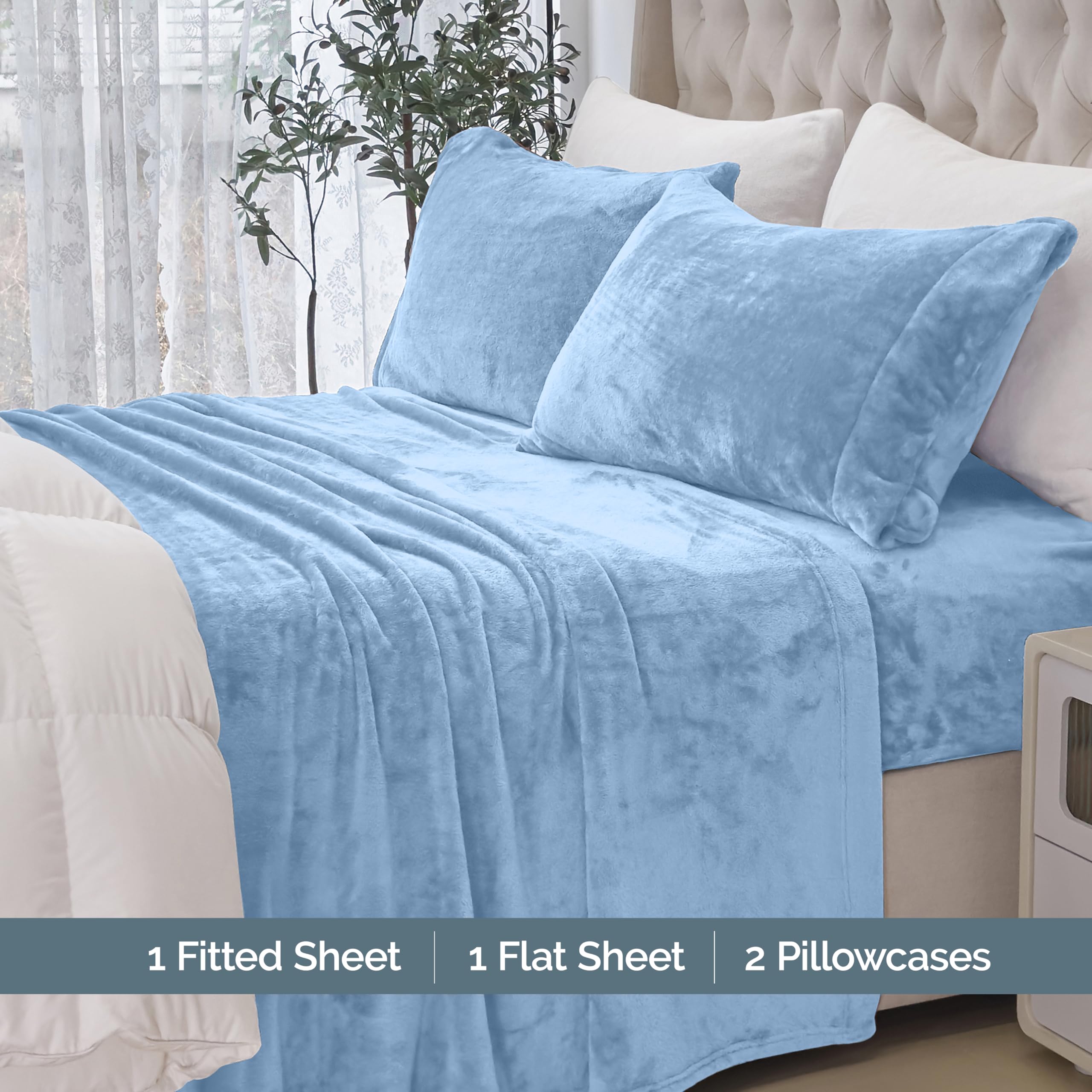 Elegant Comfort Luxuriously Soft 4-Piece Velvet Plush Flannel Sheet Set - Premium Quality - Cozy Warm, Anti-Static, Non Pilling Fuzzy Velvet Flannel Fleece Deep Pocket Sheet Set - Queen, Denim Blue