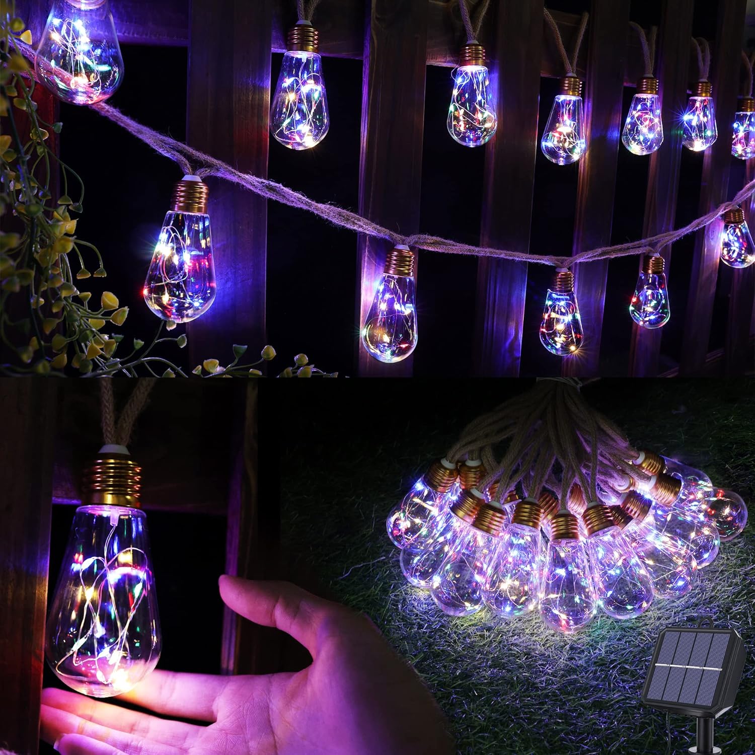 Solar Outdoor String Lights - 20Ft Vintage Rope Hemp | Waterproof Multicolor with 8 Modes & 16 Shatterproof Bulbs