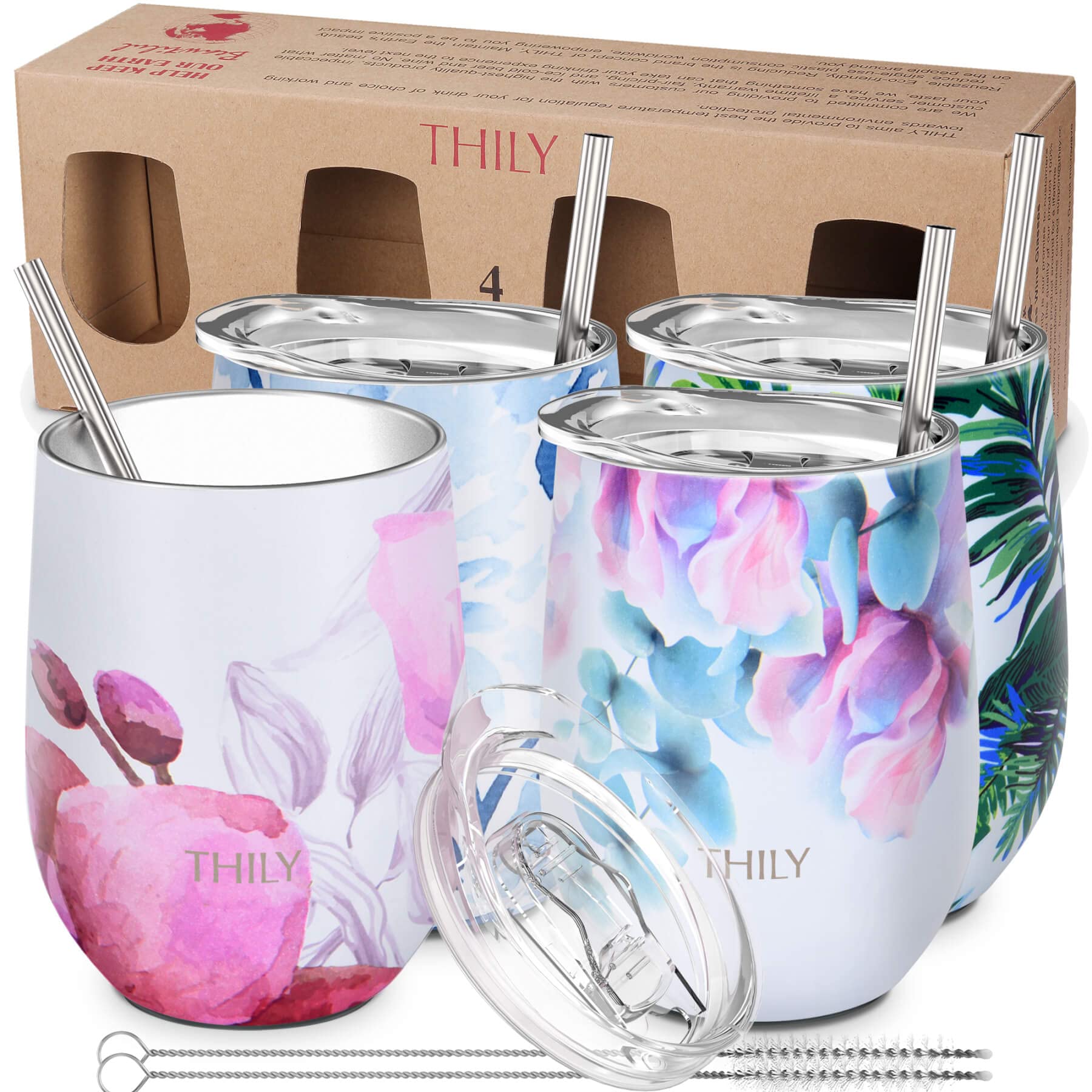 THILY Stainless Steel Stemless Wine Tumbler 4 Pack Vacuum Insulated Travel Wine Glasses with Sliding Lids and Straws, 12 oz, Keep Cold for Juice, Coffee, Beer, Flower Series