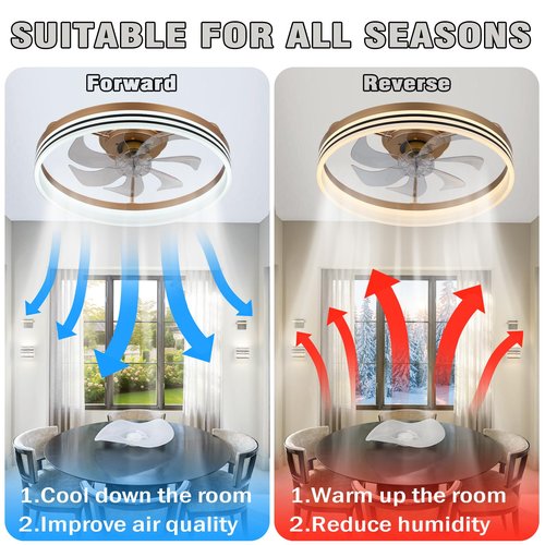 Jenvkoil 20inch Ceiling Fans Lights, Flush Mount Modern Ceiling Fan and Remote Control, 6 Wind Speeds App Control Low Profile Ceiling Fan for Bedroom Living Room 60W (Gold)