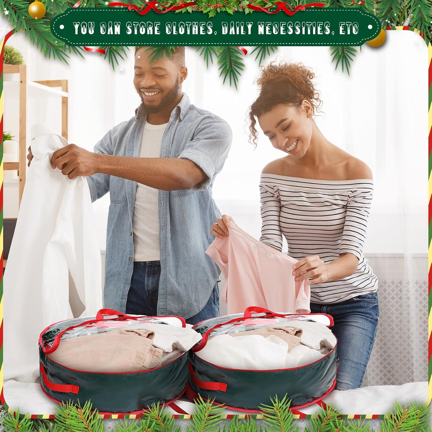 Shappy Christmas Wreath Storage Bag - Clear Window Plaid Container with Handles | 30 x 7 Inch, Green