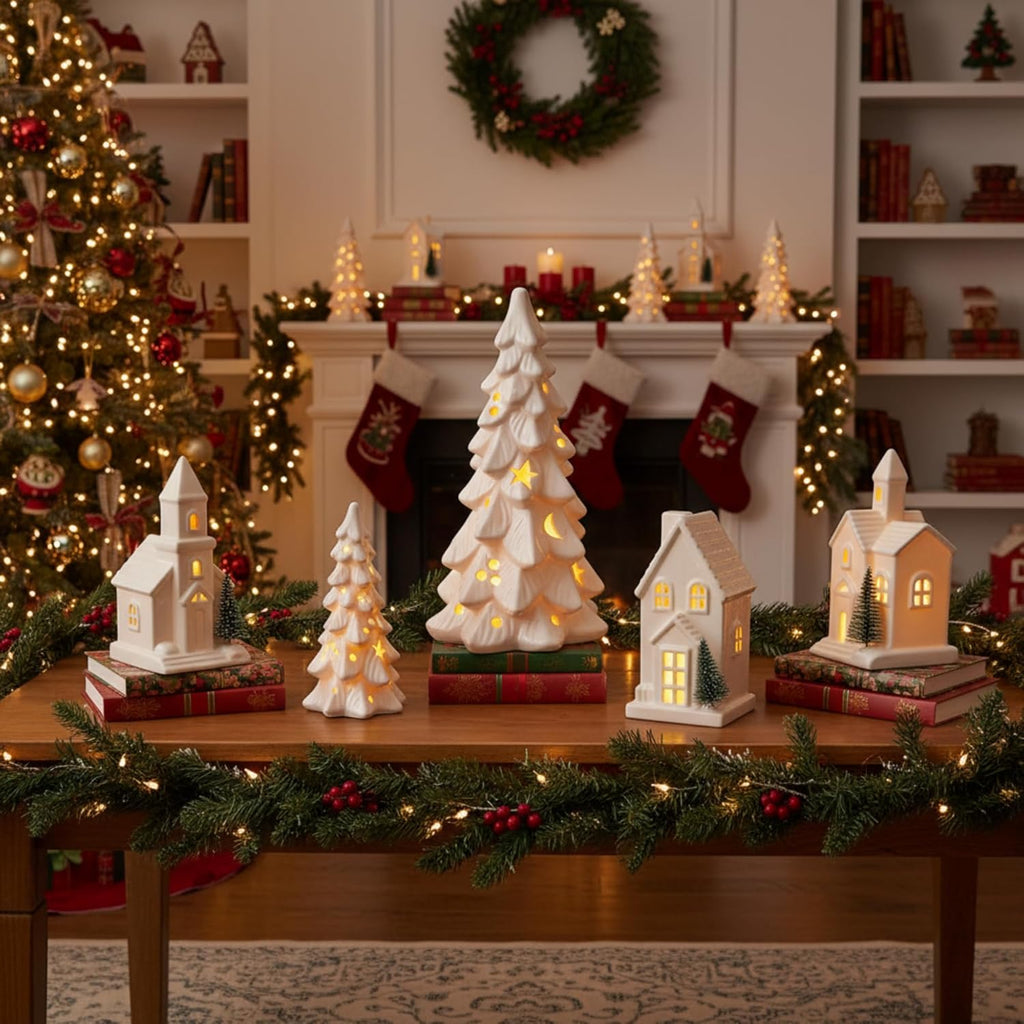 Nuogo Light Up Ceramic Christmas Trees Set - 6 Pcs White Porcelain with LED Lights & Glitter Snow for Holiday Decor