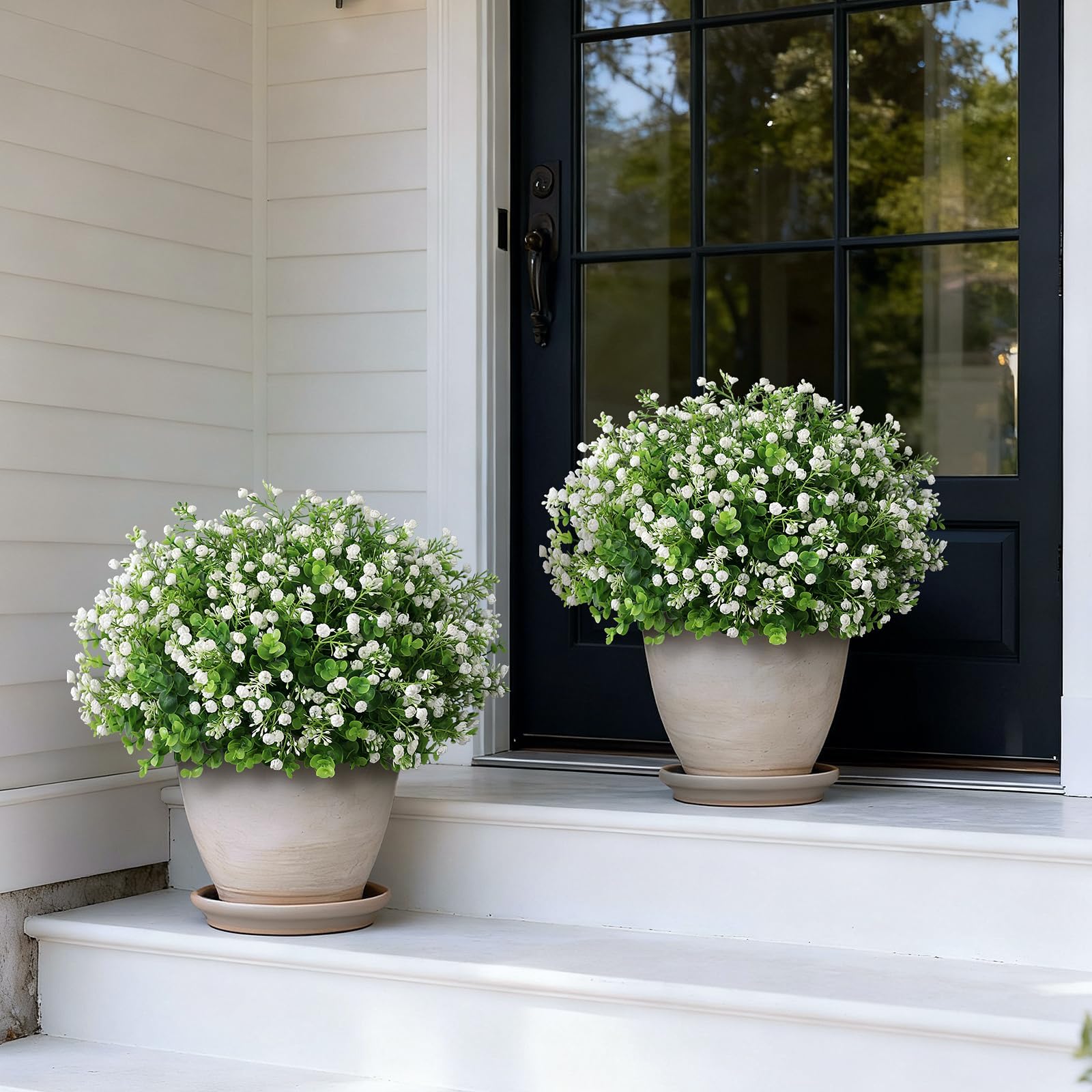 Artificial Eucalyptus with Baby's Breath Topiary Ball Trees - 2 Set Plastic Faux Eucalyptus Plants in Pot, Sun Resistant Fake Greenery Potted Bushes for Front Door Farmhouse Garden Porch Decor