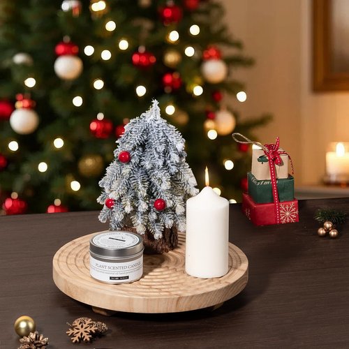 Round Decorative Tray Farmhouse Bathroom Decor Wood Riser Kitchen Countertop Organizer for Perfume, Candle, Plant, 9 inch Burlywood