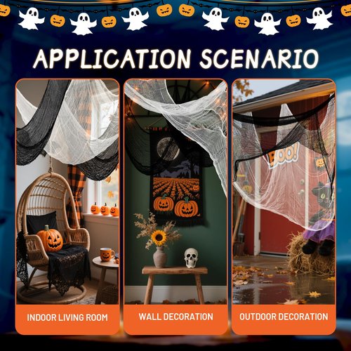 AHEONLAR 6-Pack Halloween Creepy Cloth - 30x72 Inch Black & White Halloween Gauze Spooky Fabric Cloth for Outdoor Decorations