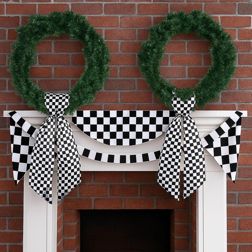 Checkered Racing Wreath Sash - Black & White Tie Bow for Race Car Holiday Decor | DIY Home Accessories