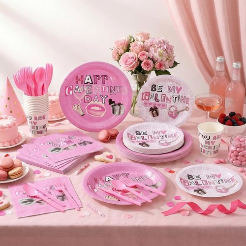 FoldTier 12 Set Galentine's Day Party Supplies Pink Happy Galentines Day Tableware Set Paper Plates and Cups Napkins Plastic Forks Spoons Knives for Valentine's Party Decorations