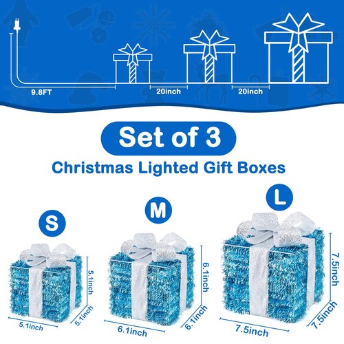 Blue Christmas Decorations, 140 LEDs Set of 3 Lighted Gift Boxes with 8 Modes, Bows, Timer, Warm White Present Boxes for Indoor Outdoor Holiday Party Yard Bedroom Home Xmas Decor
