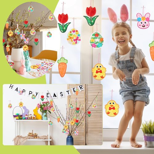 Feifeiya 24 Pack Easter Suncatcher Craft Kit - DIY Window Art with Bunny, Carrot & Egg Designs