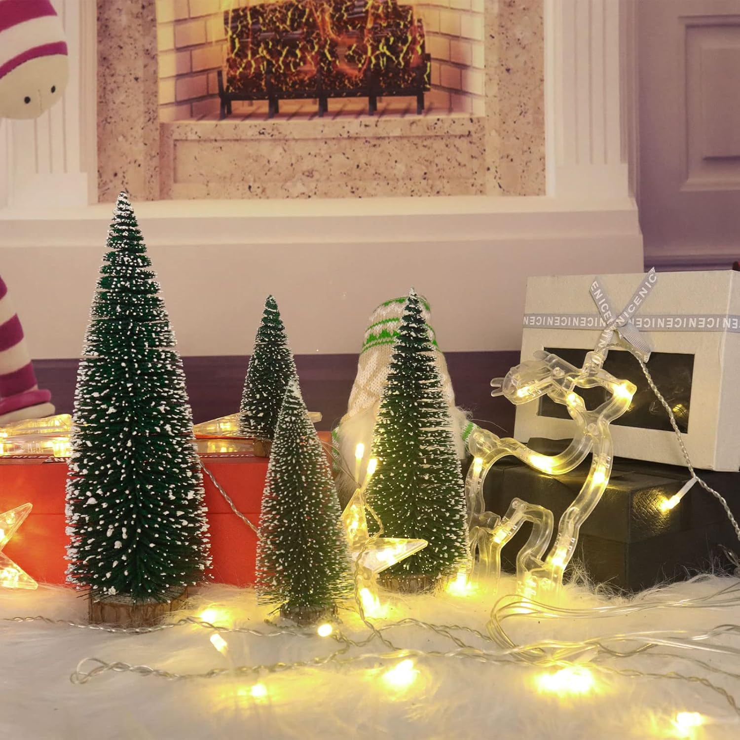 Skiennix Mini Christmas Tree - Small Pine Tabletop Decor with Wooden Base | Green - Set of 4