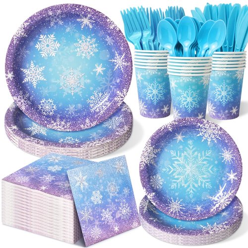Frozen Birthday Party Decorations - Serve 24, Snowflake Party Supplies, Winter Wonderland Disposable Tableware Include Plates, Napkins, Cups, Forks, Knives, Spoons for Christmas
