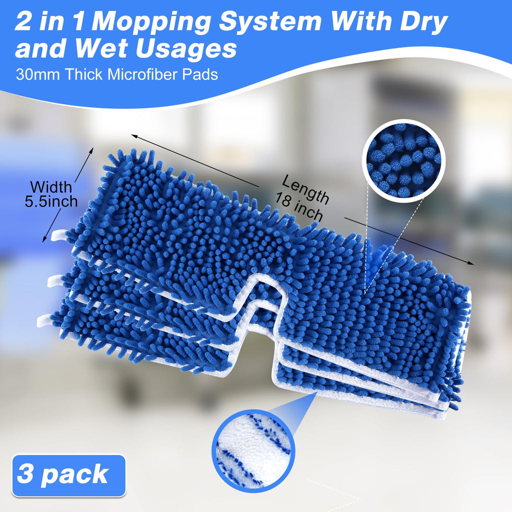 3 Pack Mop Heads Replacements Compatible with O-Cedar Dual-Action Flip Mop, Double-Sided Microfiber Chenille Mop Refills for Dry Wet Use, Washable Reusable Floor Cleaning Pads