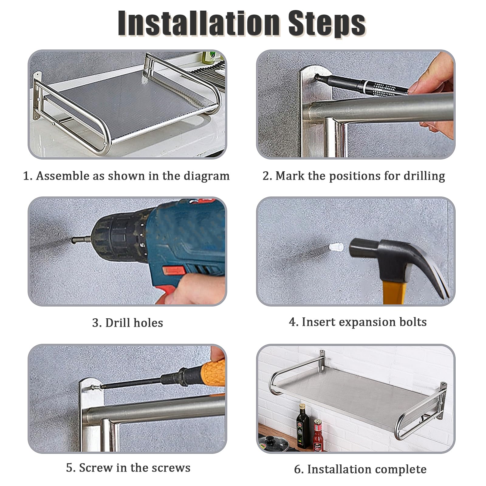 NAWESRVA Stainless Steel Microwave Wall Mount Shelf with 6 Hooks - 66 lbs Capacity, 21x15 Inches, Easy Install, Space-Saving Organizer for Home and Kitchen