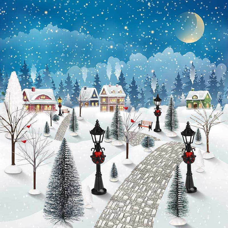 Classic 28 Pcs Mini Christmas Village Tree Set with Snow, Lamps & Benches