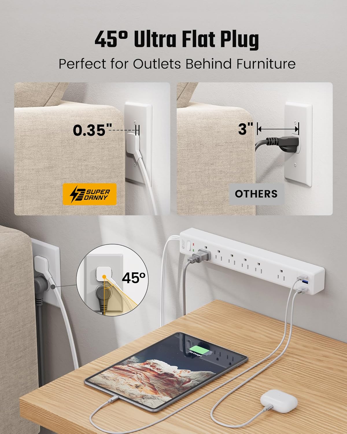 SUPERDANNY 10Ft Extension Cord - Flat Plug Surge Protector with 6 Outlets & 3 USB Ports for Home Office & Dorm Room Essentials