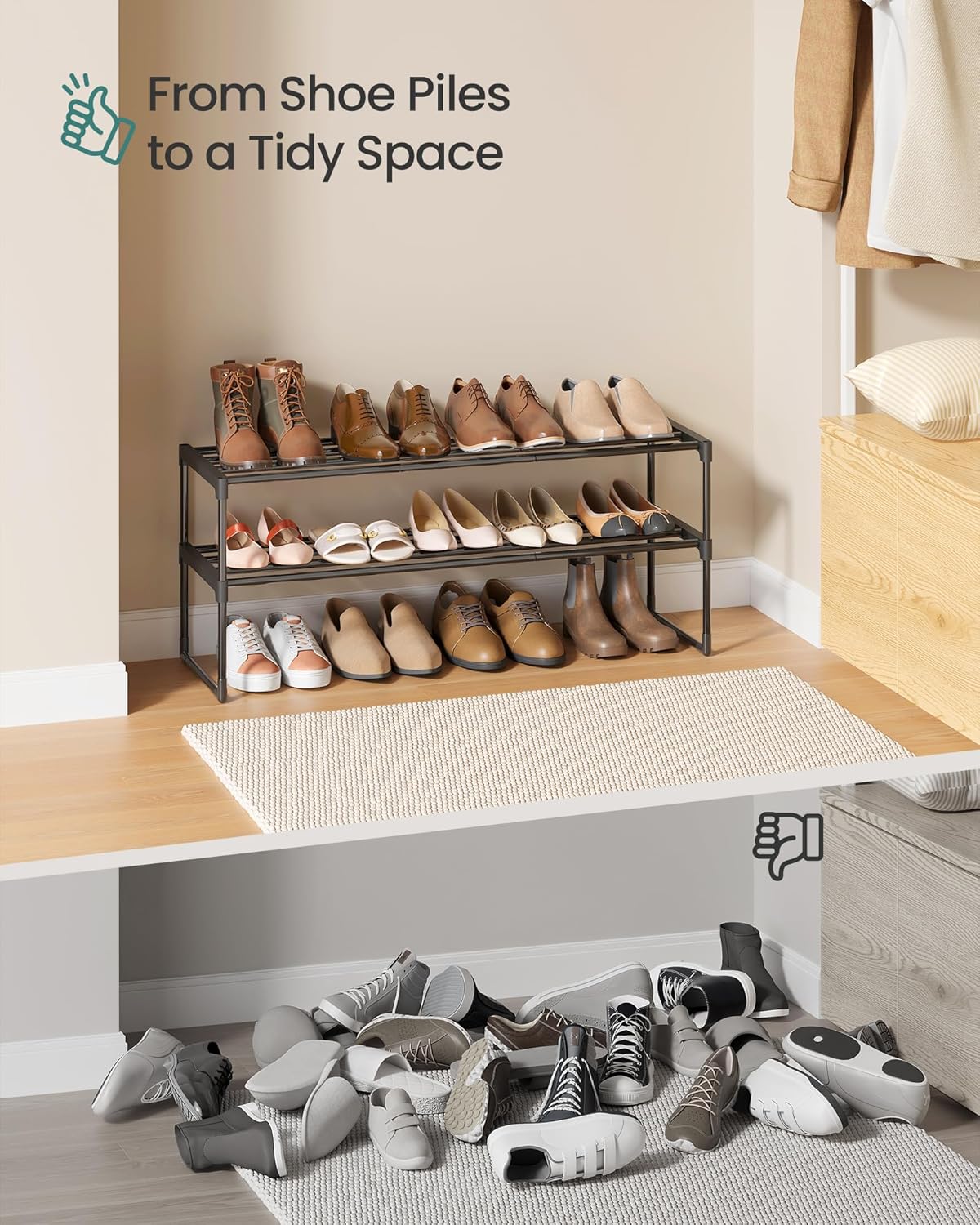 SONGMICS 2-Tier Shoe Rack - Stackable Metal Organizer for 12-15 Pairs | Black, 11.8 x 36.2 x 14.6 Inches