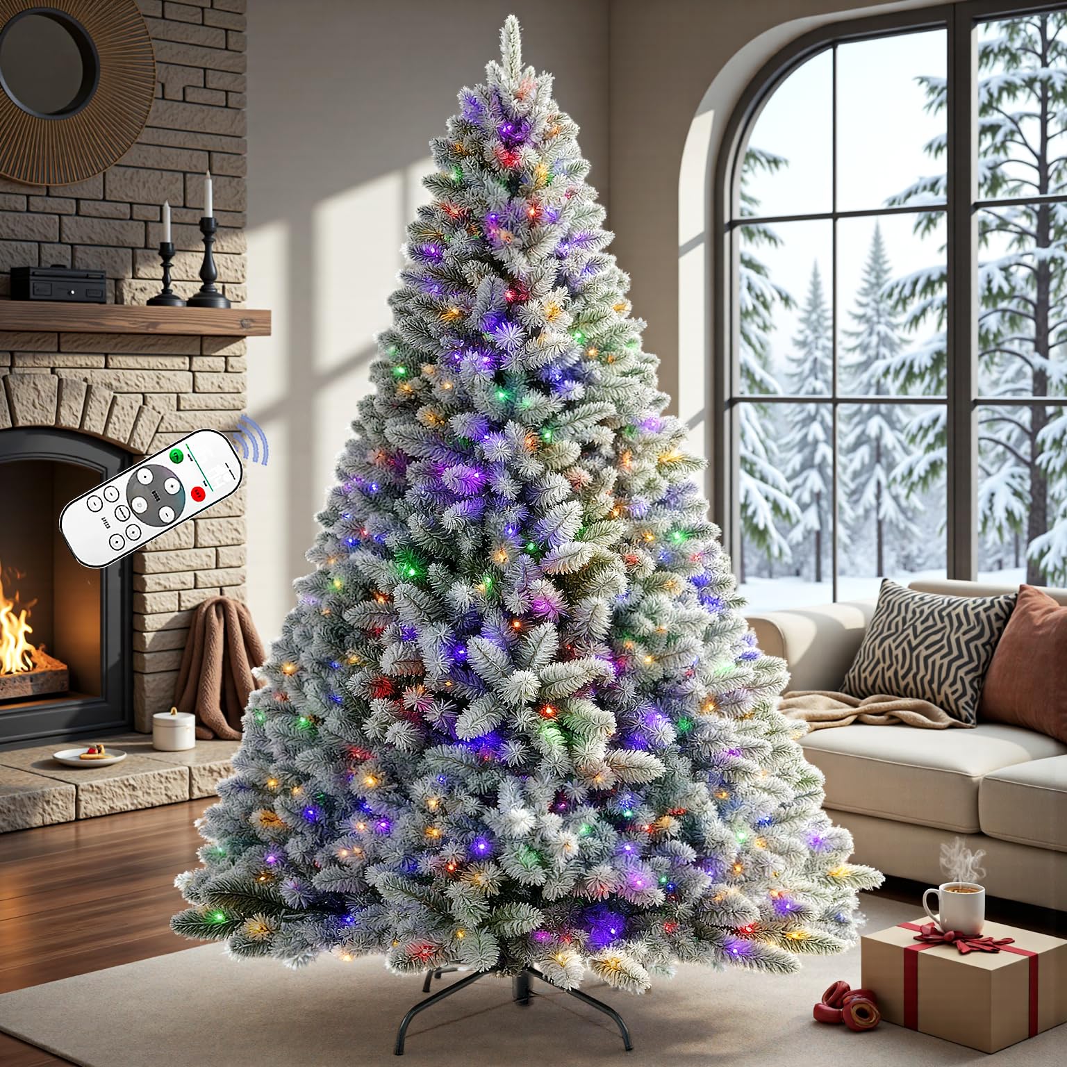 6.5 FT Pre-lit Snow Flocked Christmas Tree Spruce with Remote Control, 270 Warm White Multi-Color Changing LED Lights, Artificial Hinged/Feel Real/Realistic for Home, Dual Color LED