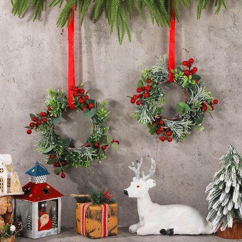 Daifunli Mini Wreaths - 8 Inch Christmas Candle Rings with Artificial Red Berries & Eucalyptus | Perfect for Home Decor