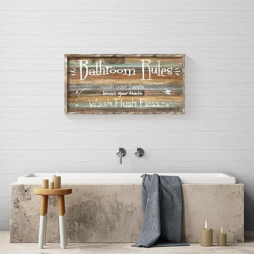 Framed Bathroom Wall Art - Funny Bath Rules Wooden Sign | Rustic Decor for Home & Kids Room