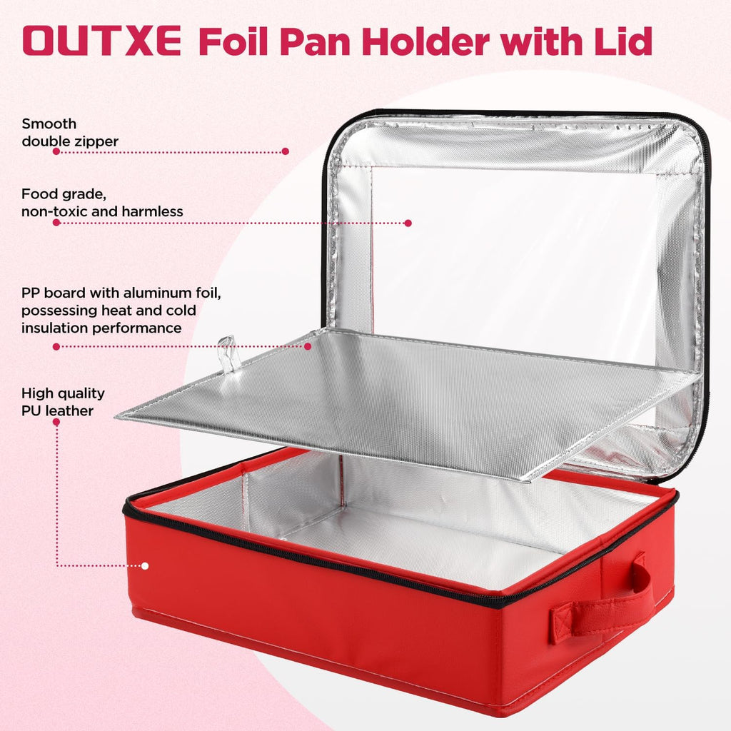 OUTXE 2 Pack Foil Pan Carrier - PU Leather Holder with Handle for Travel & Parties | 9x13 in, Red