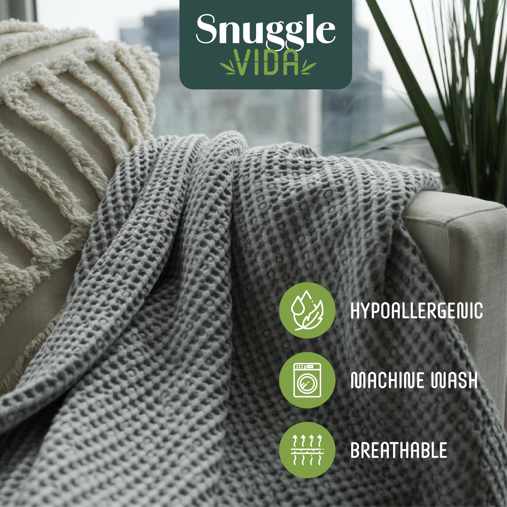 Houseify SNUGGLEVIDA Bamboo Cooling Blanket - Temperature Regulating Waffle Blanket for Comfortable Sleep - Throw for Sensitive Skin - Hypoallergenic, Breathable, Machine Washable