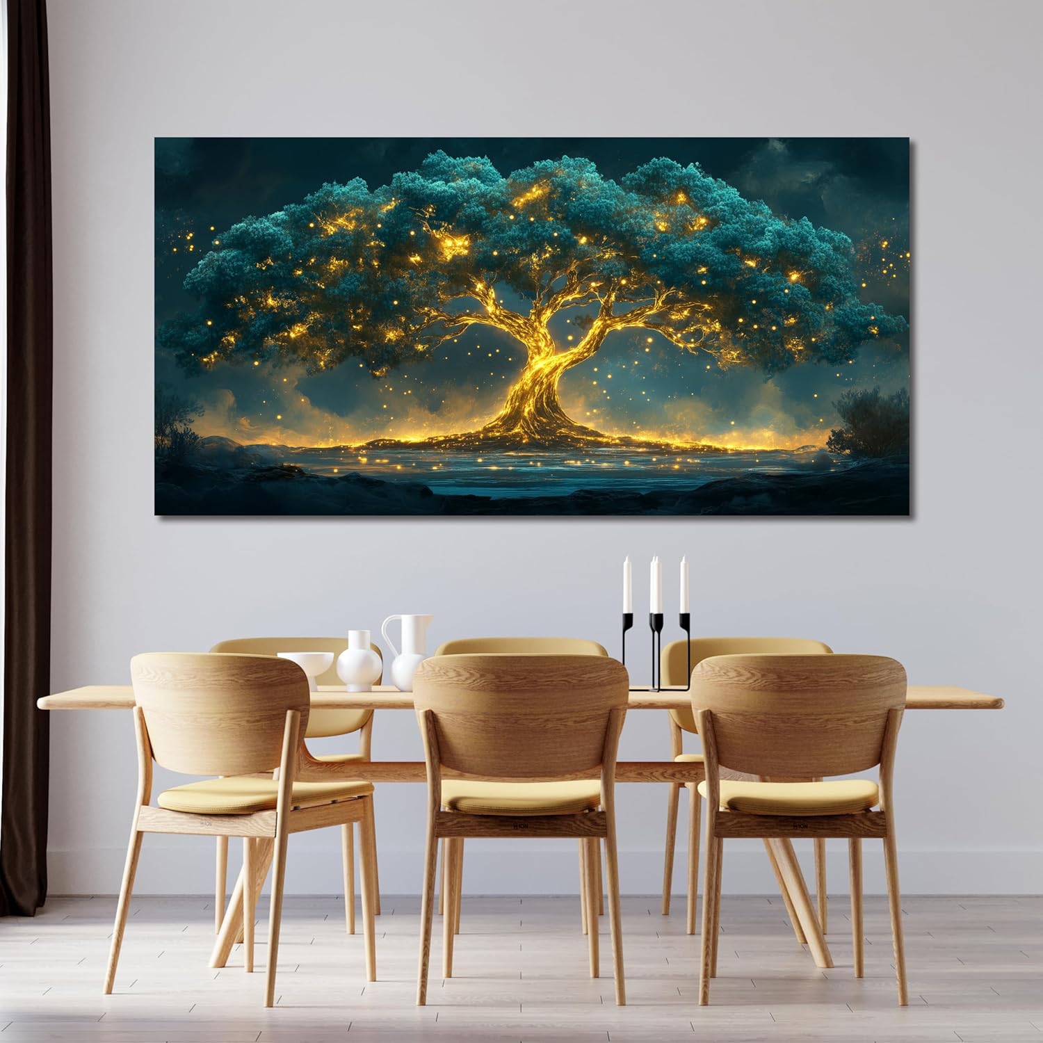 Skiennix Canvas Wall Art - Tree of Life Design in Green & Gold | 20" X 40" for Living Room Decor