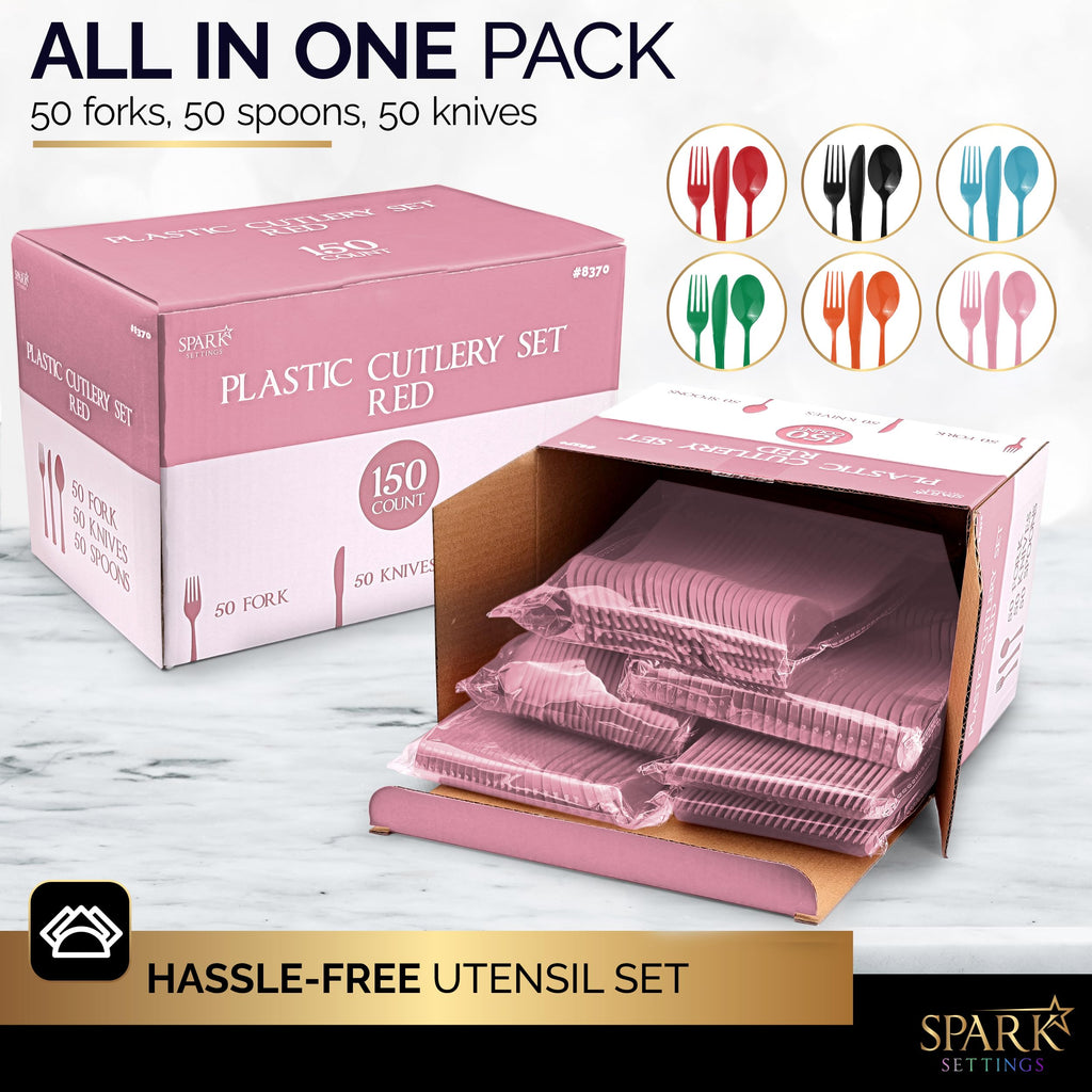 150 Pack Plastic Silverware Heavy Duty, Pink Disposable Cutlery, 50 Spoons, 50 Forks, 50 Knives, Plastic Utensils Set for Home Office School Party Picnics Weddings & More - SparkSettings
