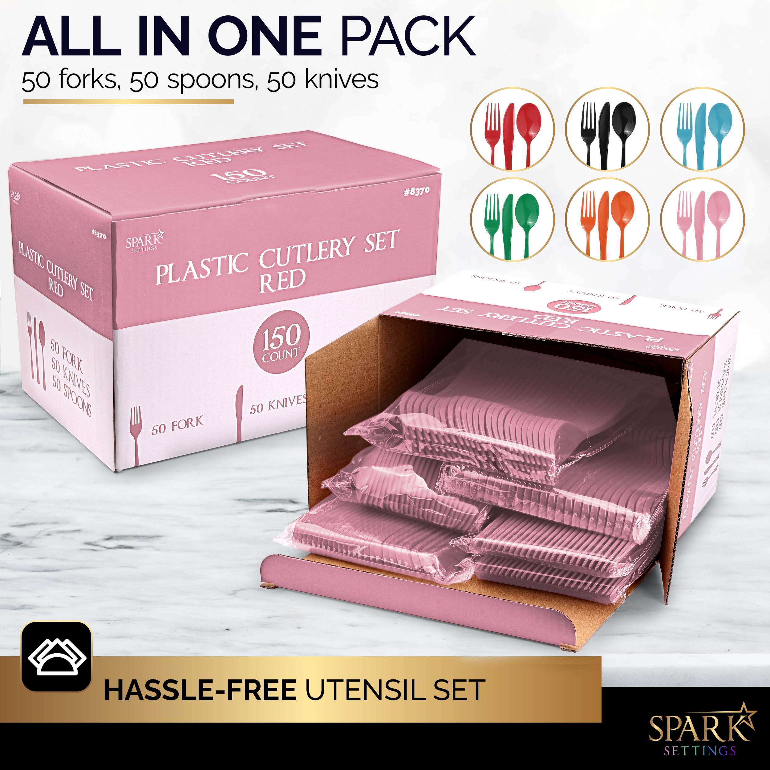 150 Pack Plastic Silverware Heavy Duty, Pink Disposable Cutlery, 50 Spoons, 50 Forks, 50 Knives, Plastic Utensils Set for Home Office School Party Picnics Weddings & More - SparkSettings