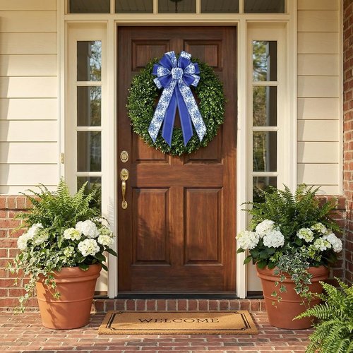 Chinoiserie Blue Wreath Bow - 21 Inch Large Floral Wired Ribbon for Spring Door Decor | Wedding Lantern Accent