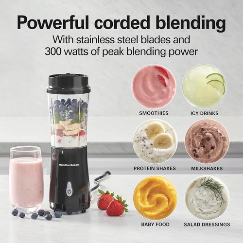 Hamilton Beach Portable Blender - 14 Oz BPA-Free Travel Cup & Lid, Durable Stainless Steel Blades, Black