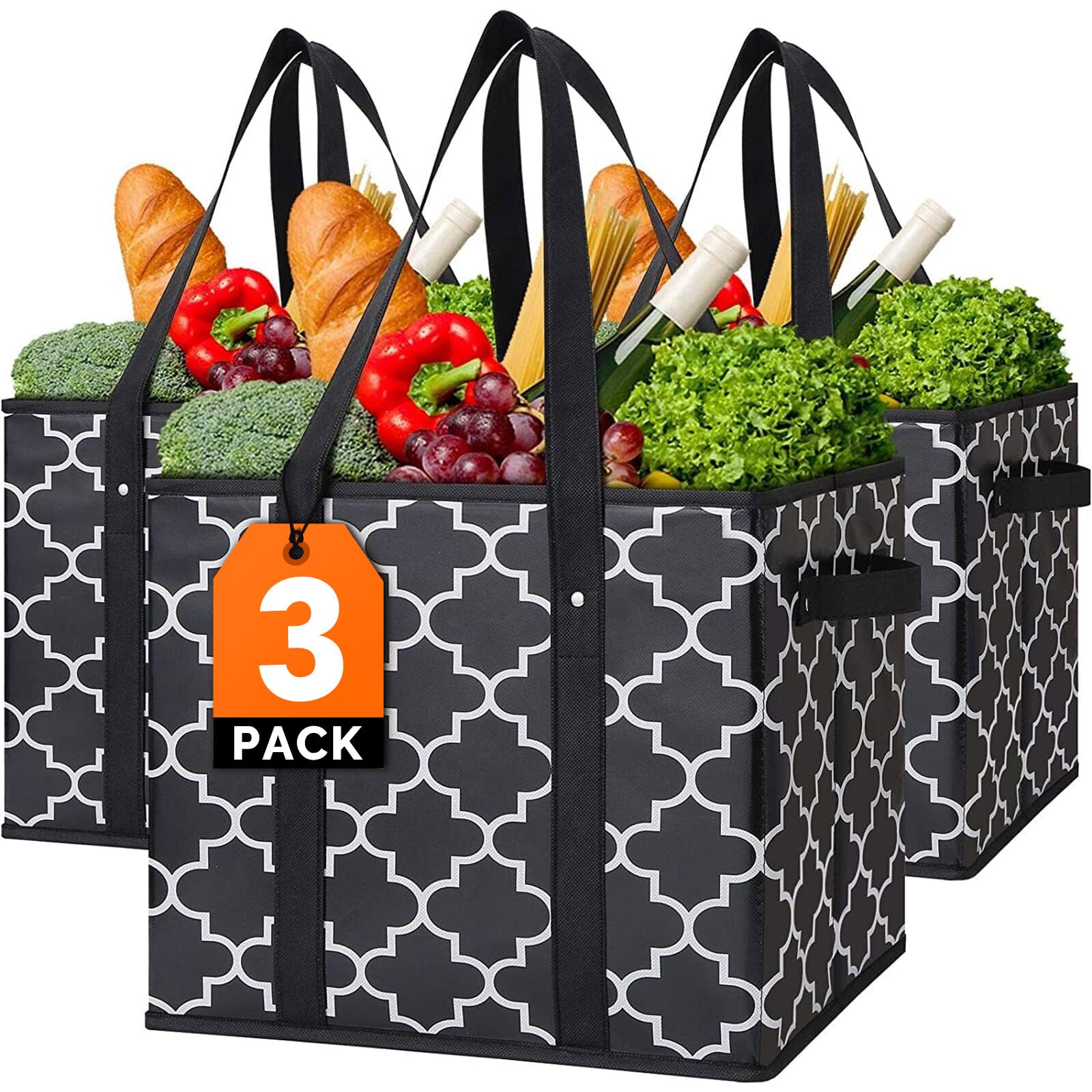 WISELIFE Reusable Grocery Bags 3-Pack Foldable Washable Large Storage Bins Basket Water Resistant Shopping Tote Bag Black