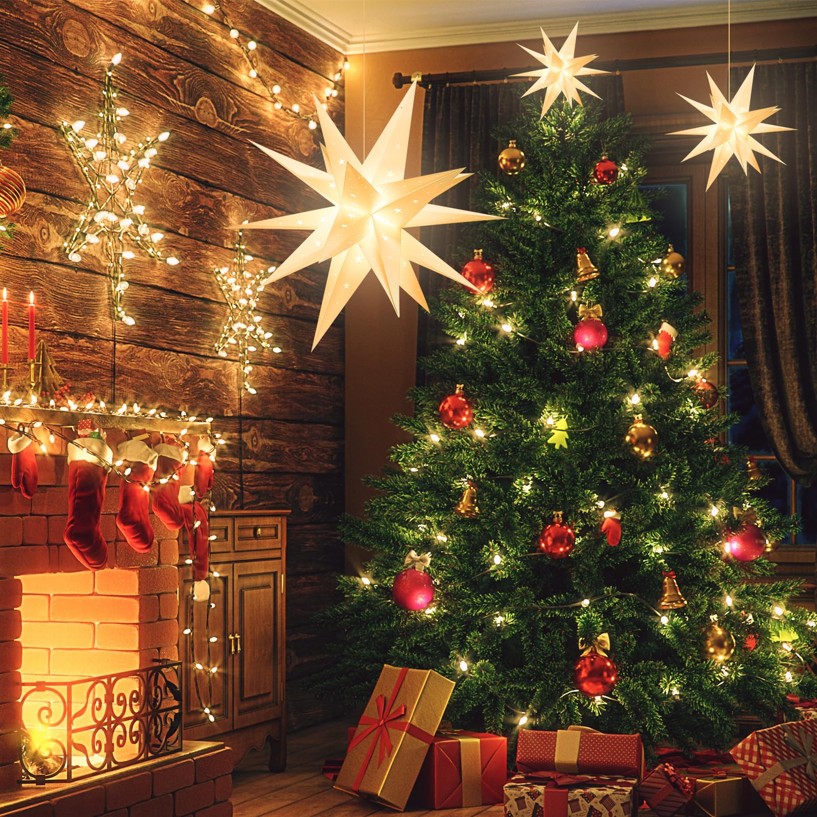 GALACOVE 23" Plug-in Moravian Star Outdoor Light with Timer, Warm White 3D PVC Christmas Star IP44 Waterproof Hanging Decoration for Porch, Garden, Wedding, Indoor Holiday Display