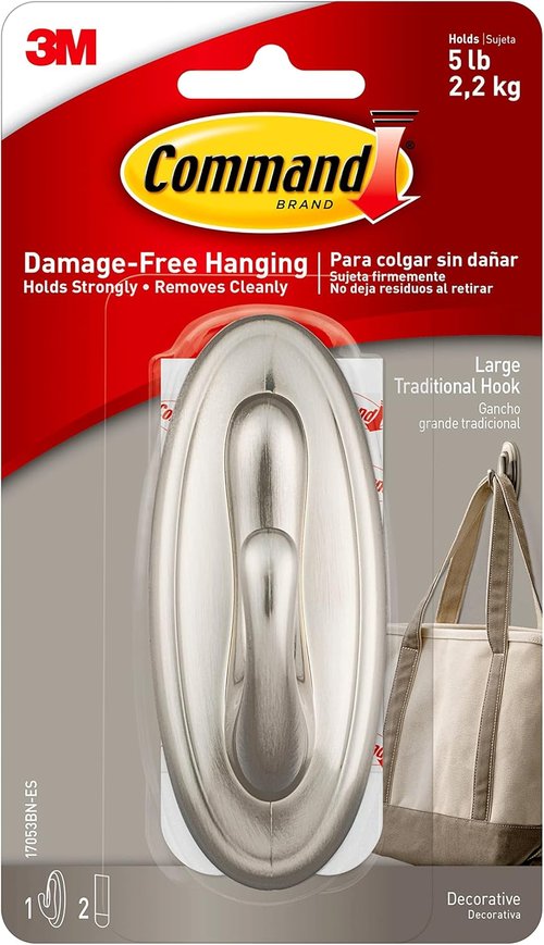 3M Command Large Traditional Plastic Hook - Brushed Nickel Finish for Easy Hanging Solutions