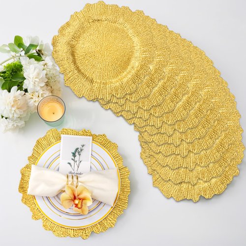 ejonirinjonir 20pcs Gold Charger Plates,13 Inch Charger Plates Bulk,Round Ruffled Rim Chargers for Dinner Plate,Disposable Chargers Plate for Wedding,Party