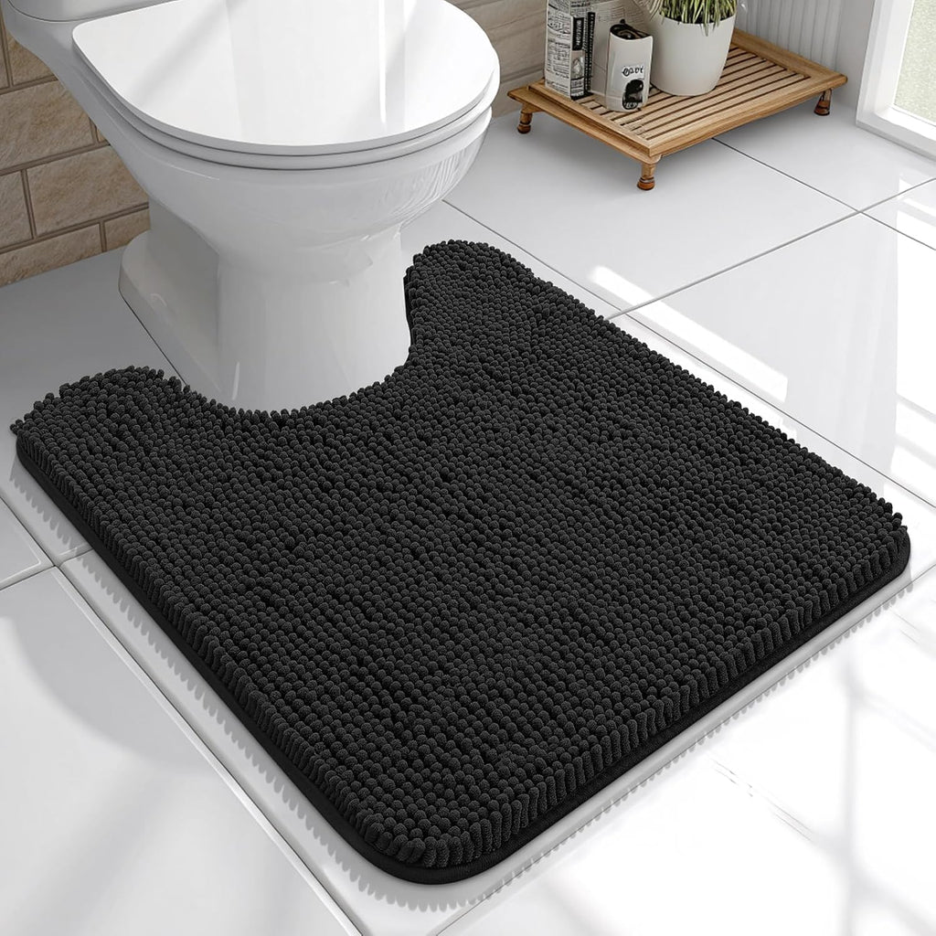 OLANLY U-Shaped Toilet Rug - Extra Soft Chenille, Quick-Dry, Non-Slip Bath Mat | 20x20 Inches, Black
