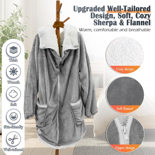 Wearable Heated Blanket with Zipper Design, Electric Wearable Throw Blanket with Sleeves, Hood, Heated Hoodie Blanket, Wearable Electric Blanket with 8 Heating Levels, 1-10H Auto-off Settings, 43*60"
